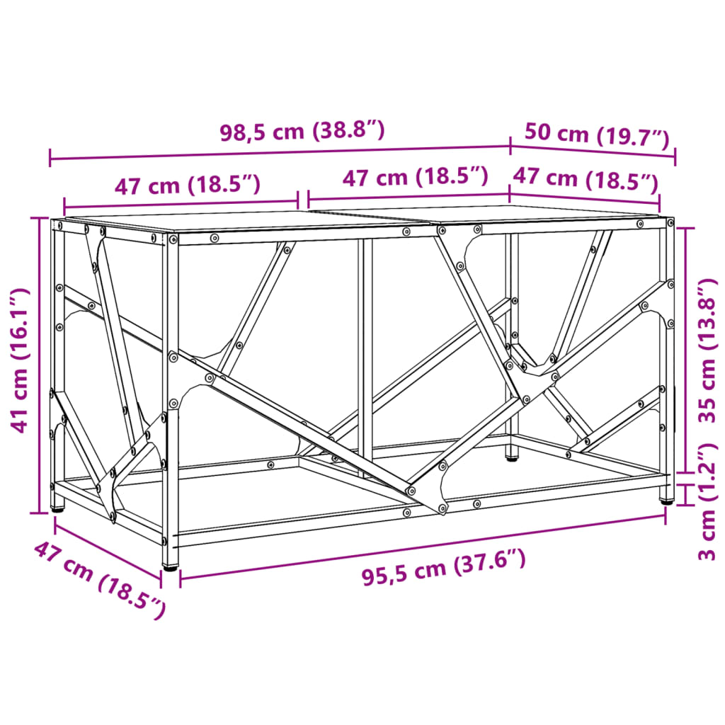 Mesa de centro c/ topo em vidro transparente 98,5x50x41 cm aço