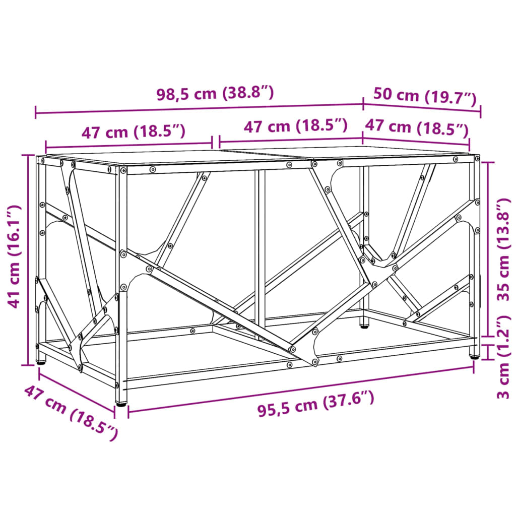 Mesa de centro com topo em vidro preto 98,5x50x41 cm aço