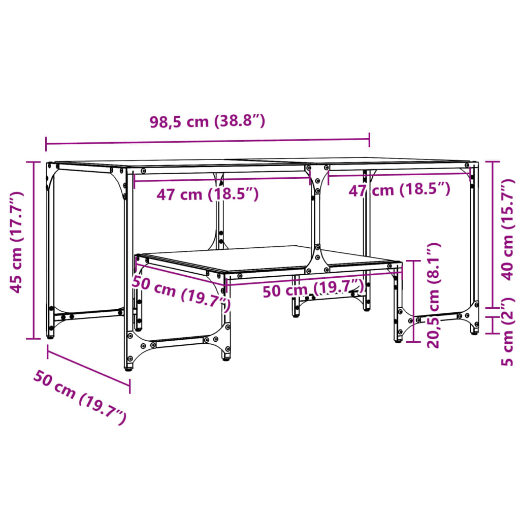 Mesa de centro c/ topo em vidro transparente 98,5x50x45 cm aço
