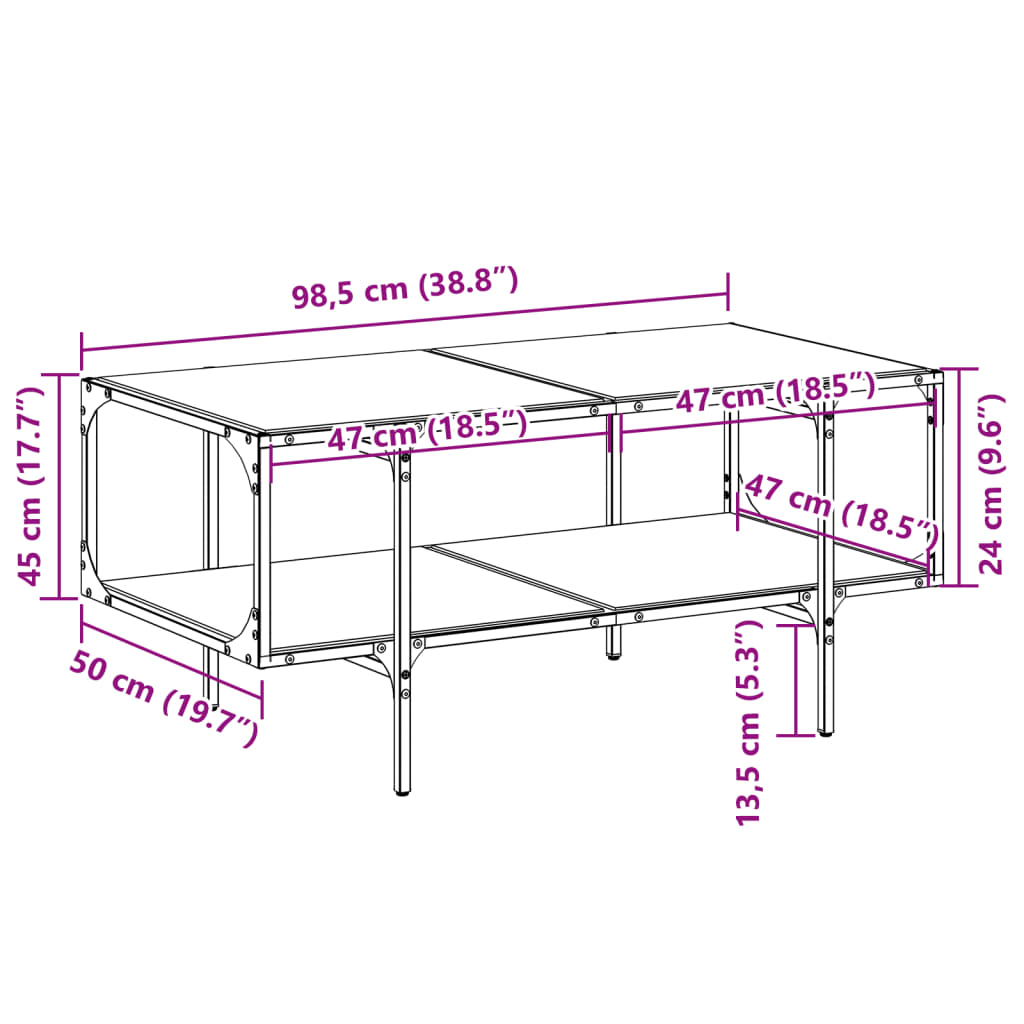 Mesa de centro c/ topo em vidro transparente 98,5x50x45 cm aço