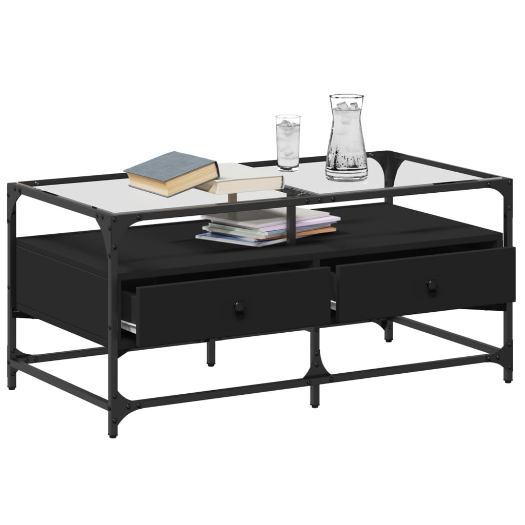 Mesa de centro com topo em vidro preto 98,5x50x45 cm aço