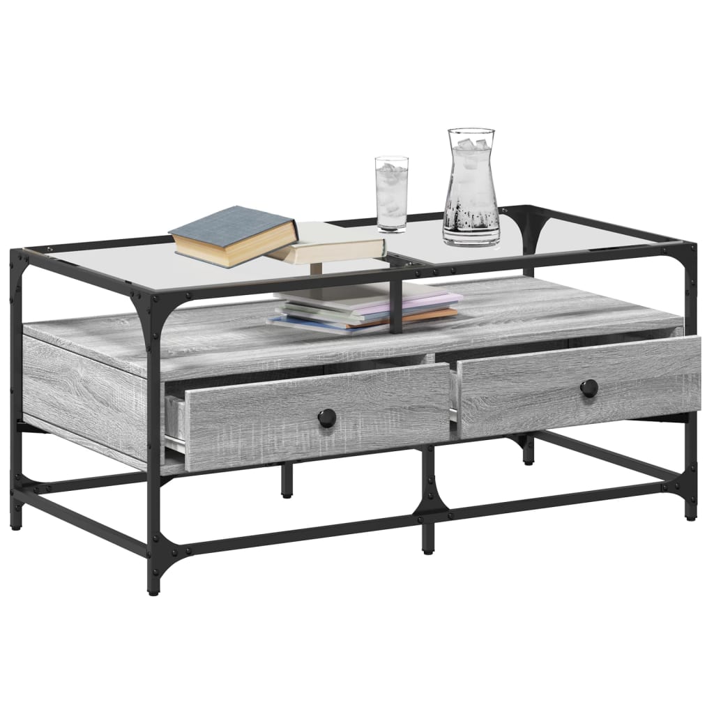 Mesa de centro c/ topo de vidro 98,5x50x45 cm cinza sonoma aço