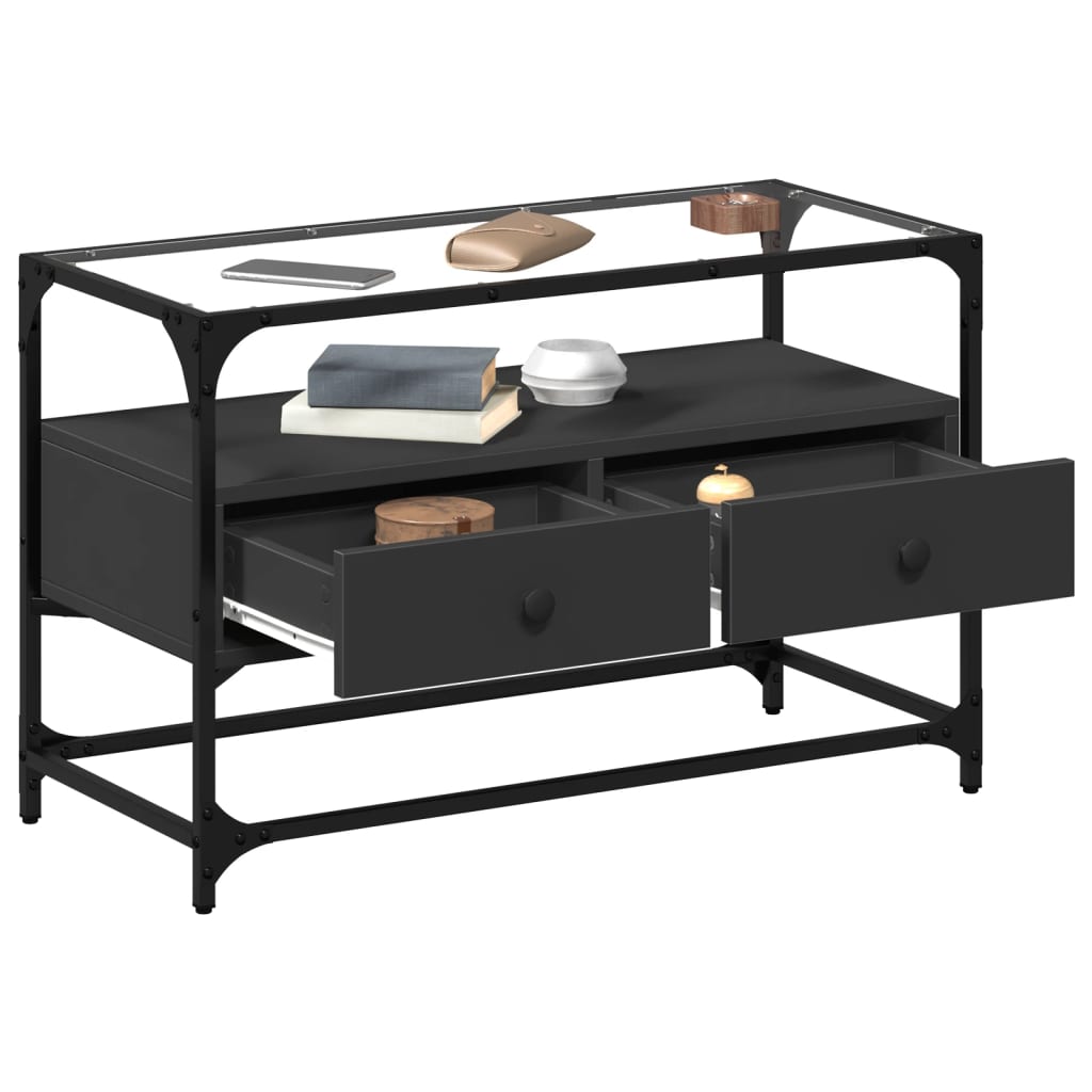 Móvel de TV c/ tampo vidro 80x35x51 cm derivados madeira preto
