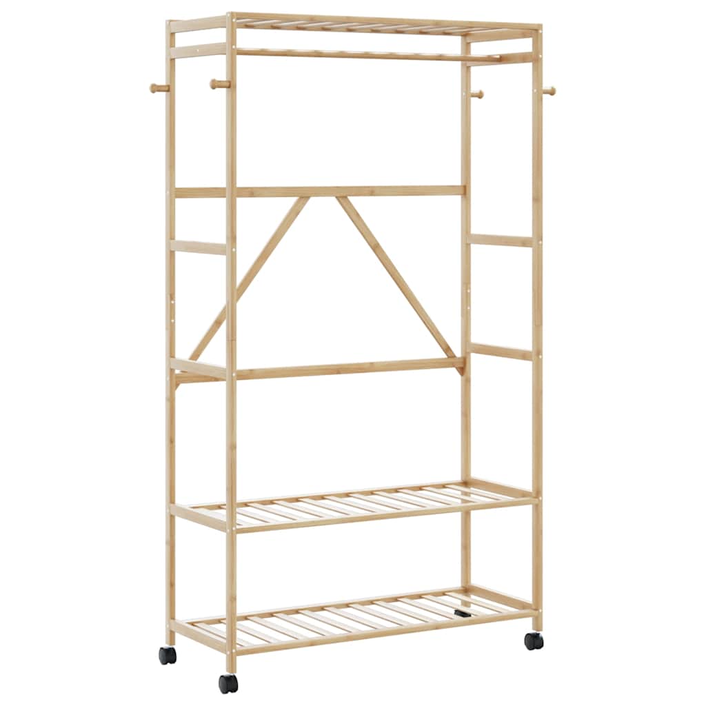 Cabide com prateleiras e rodas 110x40x180 cm bambu