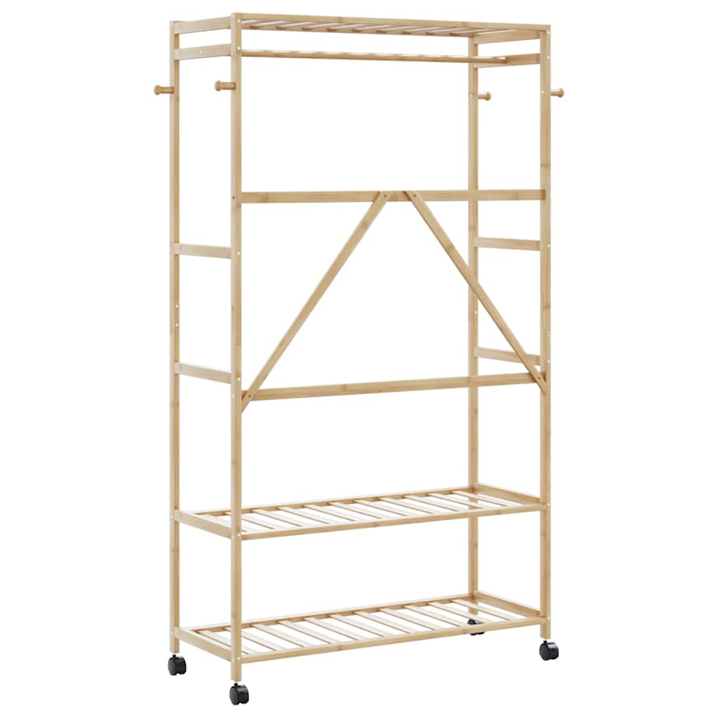 Cabide com prateleiras e rodas 110x40x180 cm bambu