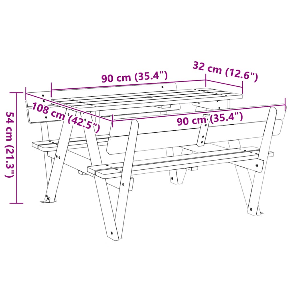 Mesa piquenique 4 crianças c/ orifício guarda-sol abeto maciço