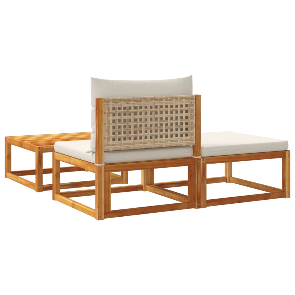 Conjunto de sofás de jardim  de 3 peças com almofadas de madeira de acácia e vime