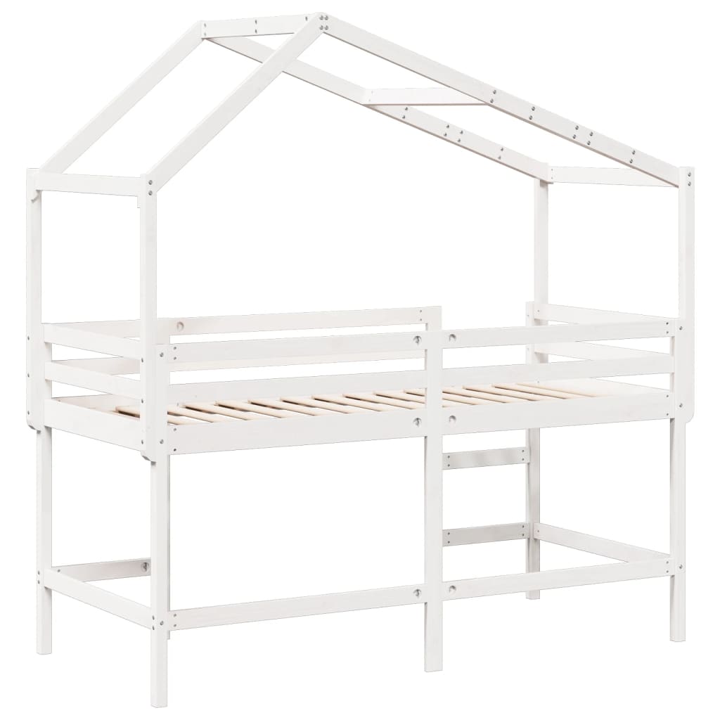 Cama alta c/ escada e telhado 90x200 cm pinho maciço branco