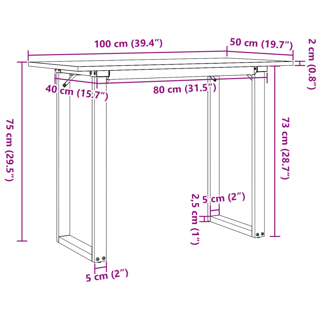 Mesa de jantar estrutura em O 100x50x75cm pinho e aço
