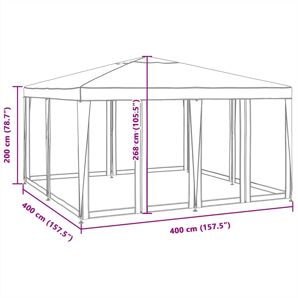 Tenda p/ festas c/ 8 paredes laterais malha 4x4 m PEAD branco