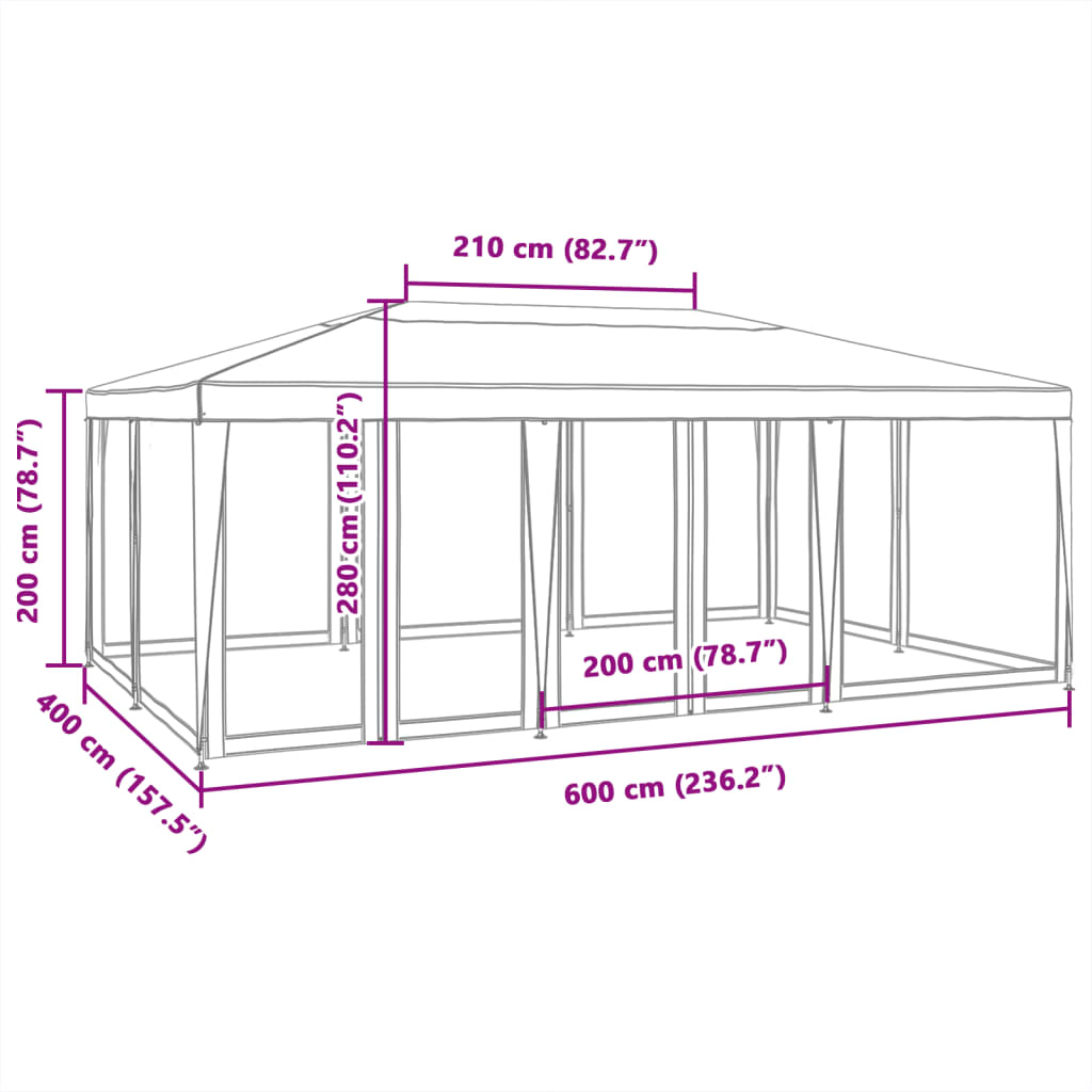 Tenda p/ festas c/ 10 paredes laterais em rede 6x4 m PEAD verde