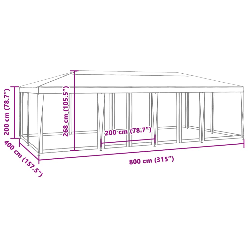 Tenda p/ festas c/ 12 paredes laterais em rede 8x4 m PEAD azul