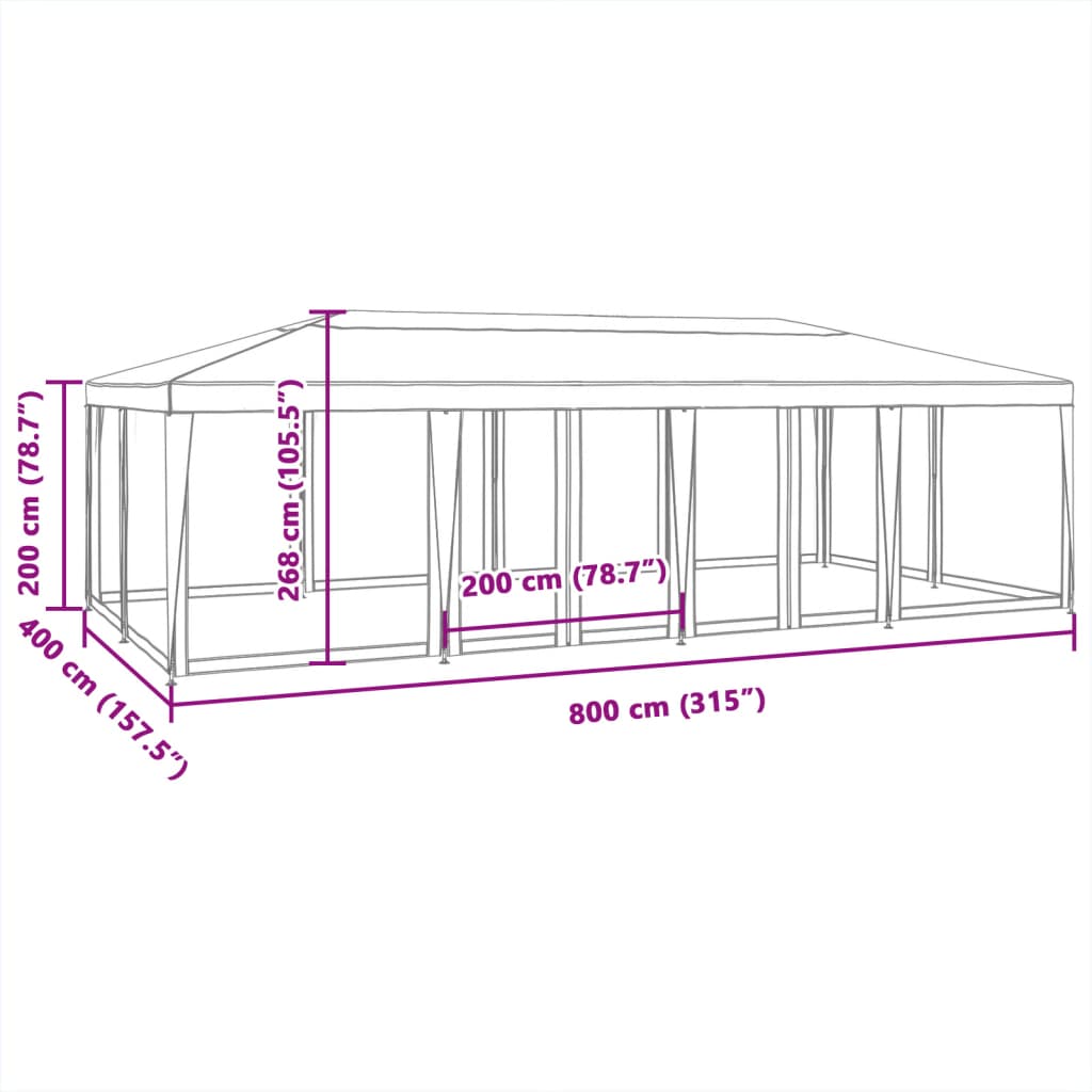 Tenda p/ festas c/ 12 paredes laterais malha 8x4m PEAD vermelho