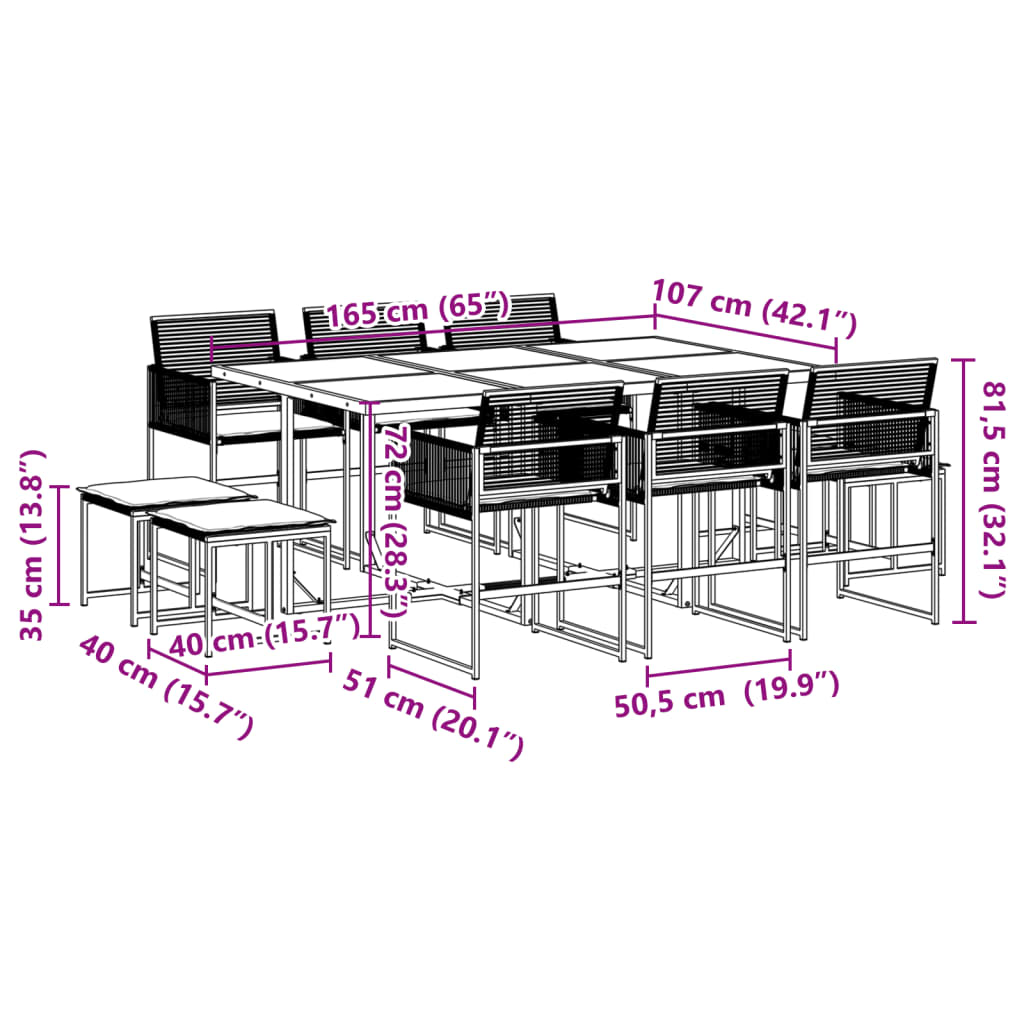 11 pcs conjunto de jantar p/ jardim c/ almofadões vime PE preto