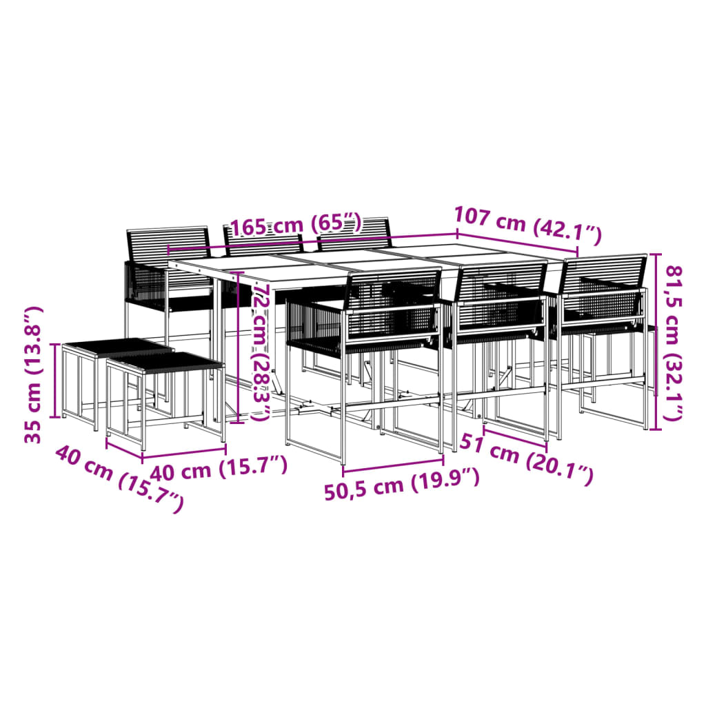 11 pcs conjunto de jantar para jardim vime PE preto