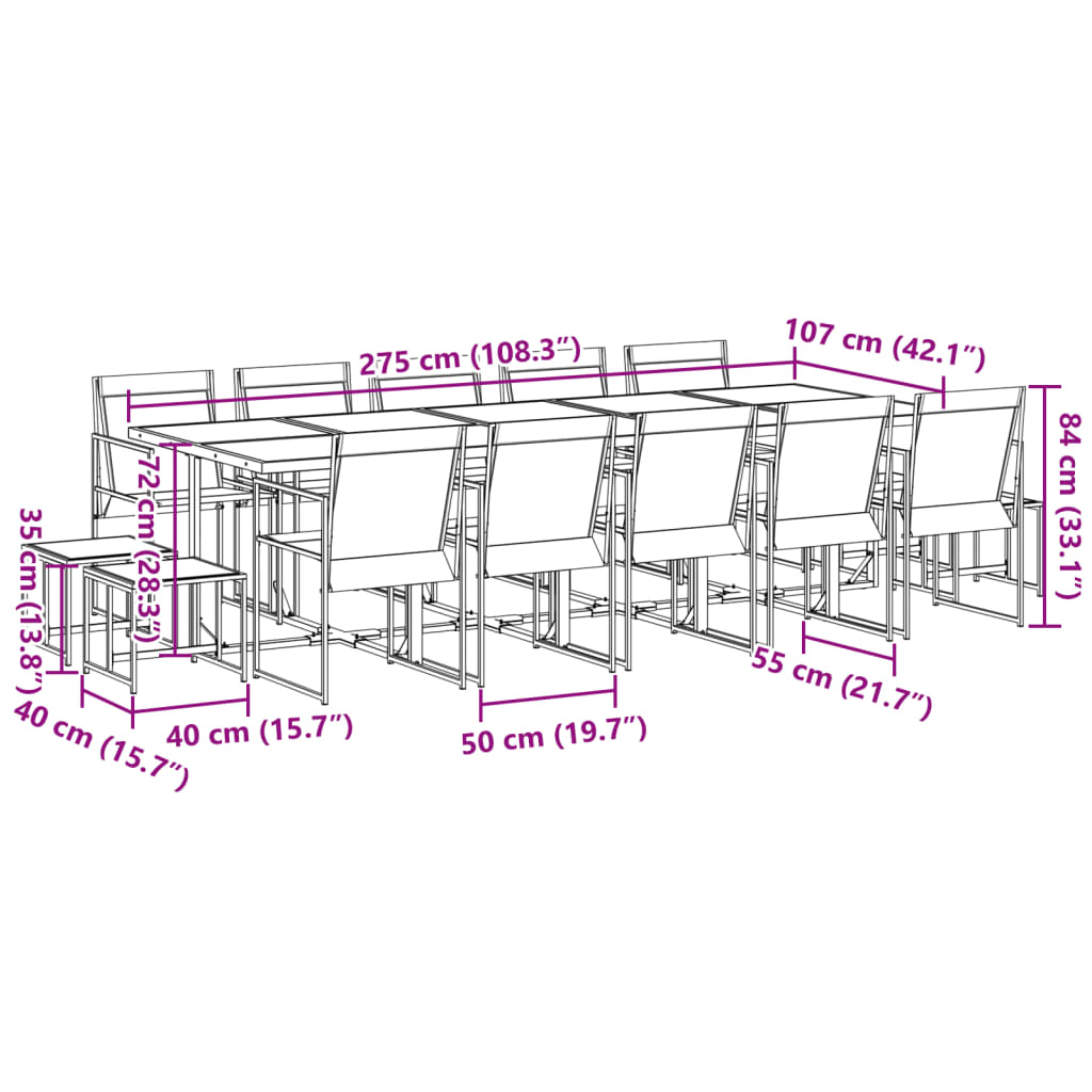 15 pcs conjunto de jantar para jardim textilene preto