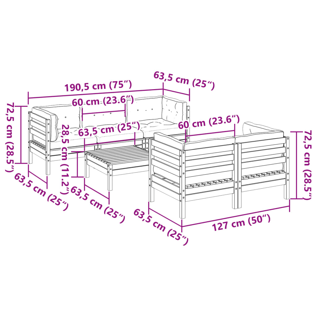 6 pcs conj. sofás jardim almofadões pinho maciço castanho cera