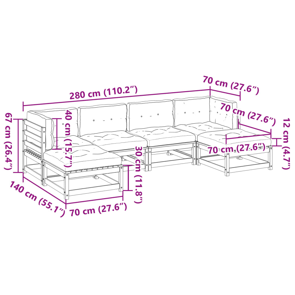6 pcs conj. sofás jardim almofadões pinho maciço castanho cera