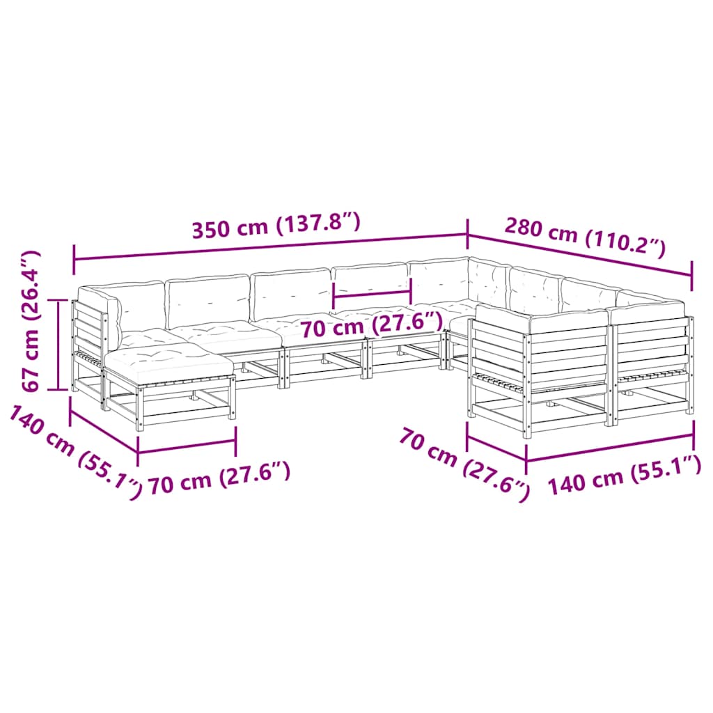 10pcs conj. sofás jardim c/ almofadões madeira pinho impregnado