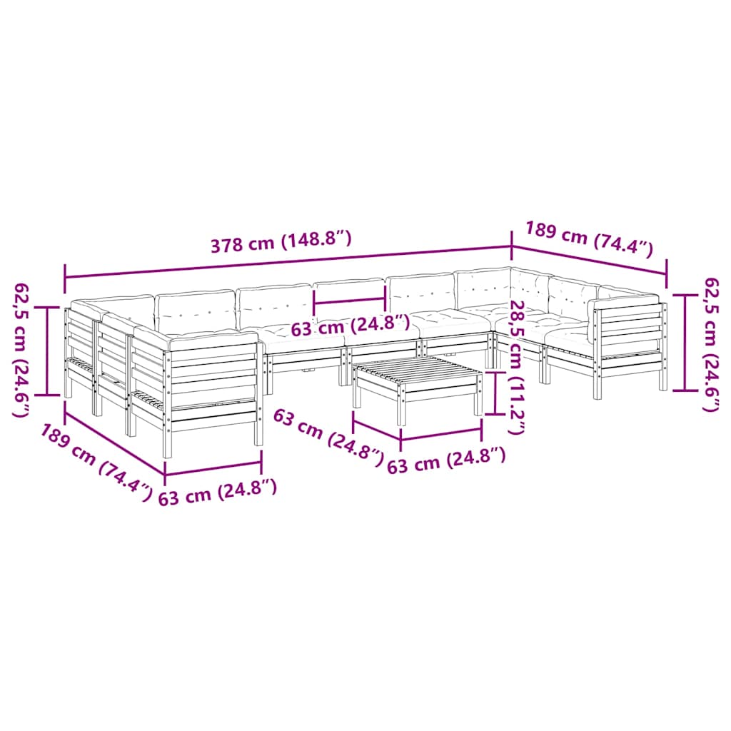 11pcs conj. sofás jardim c/almofadões pinho maciço castanho mel