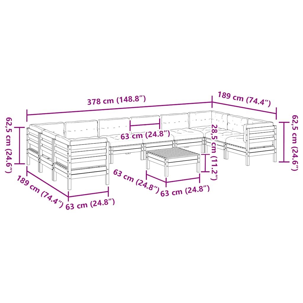 11pcs conj. sofás jardim c/ almofadões madeira pinho impregnada