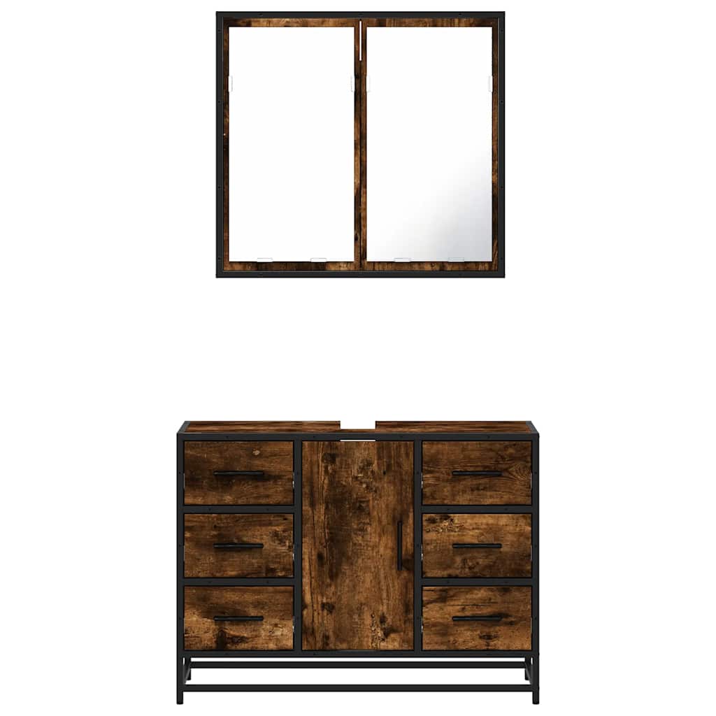 2 pcs conj. móveis casa de banho derivados madeira cor fumado