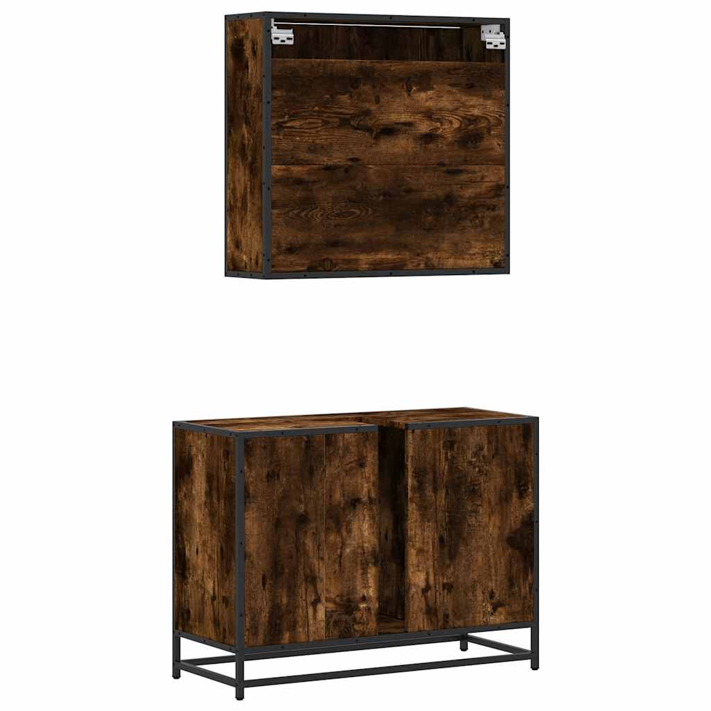 2 pcs conj. móveis casa de banho derivados madeira cor fumado