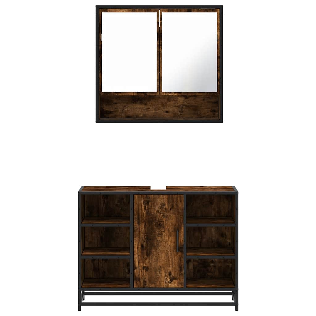 2 pcs conj. móveis casa de banho derivados madeira cor fumado