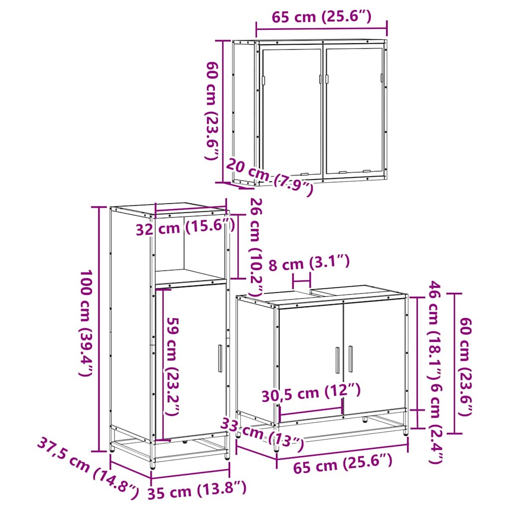 3 pcs Conjunto móveis casa de banho madeira proc. cinza sonoma