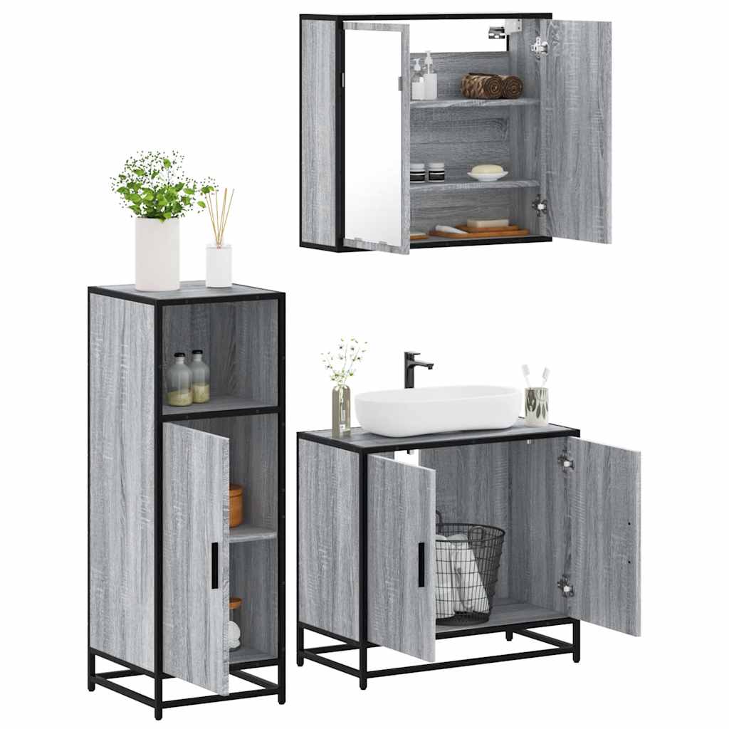 3 pcs Conjunto móveis casa de banho madeira proc. cinza sonoma