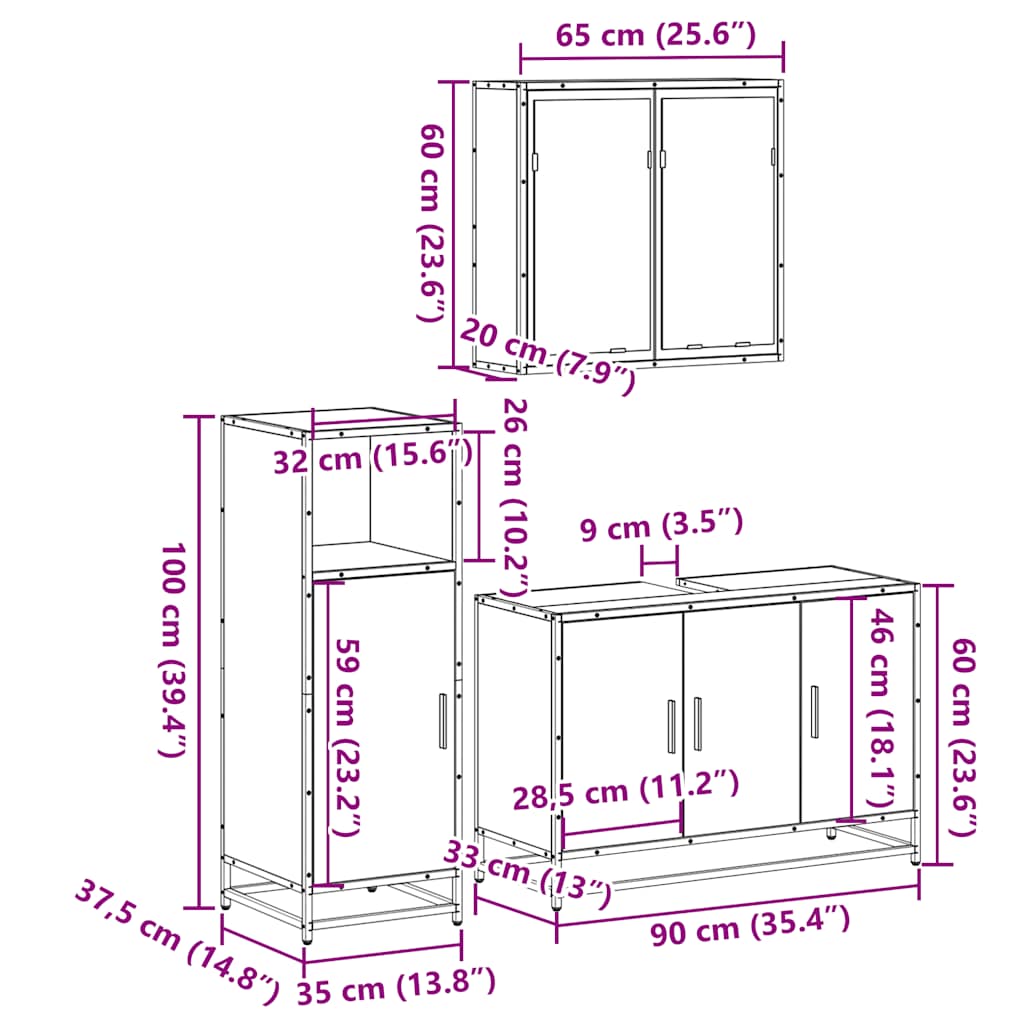 3 pcs Conjunto móveis casa de banho madeira proc. cinza sonoma