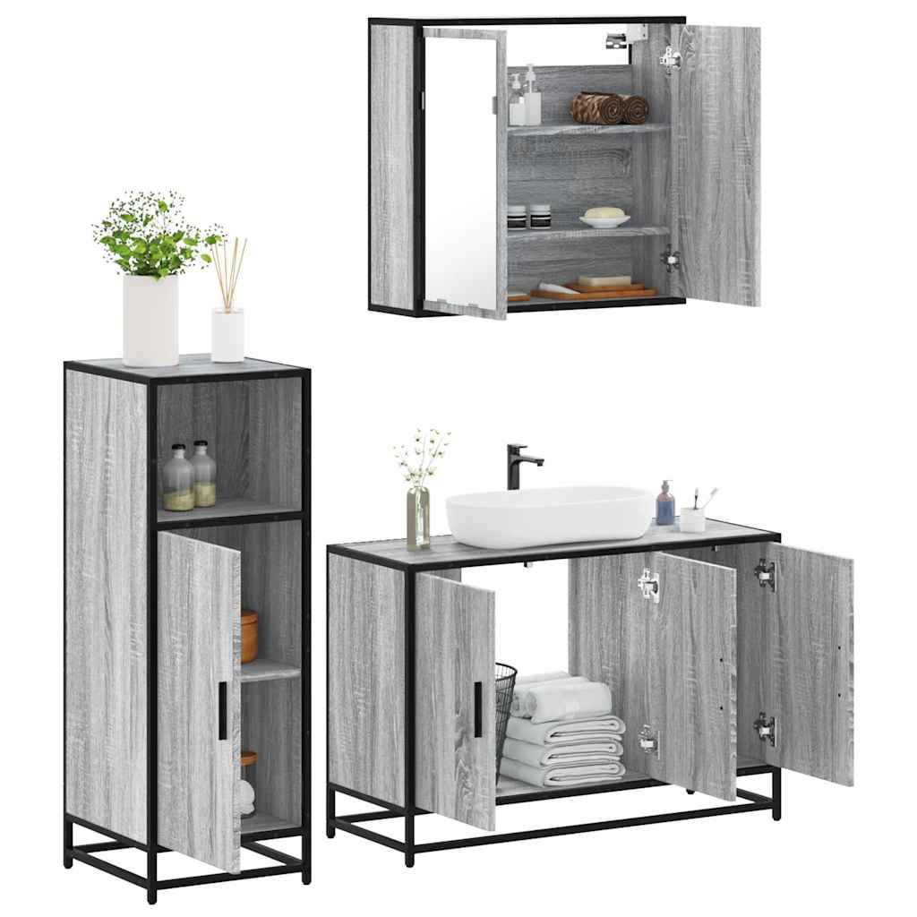 3 pcs Conjunto móveis casa de banho madeira proc. cinza sonoma