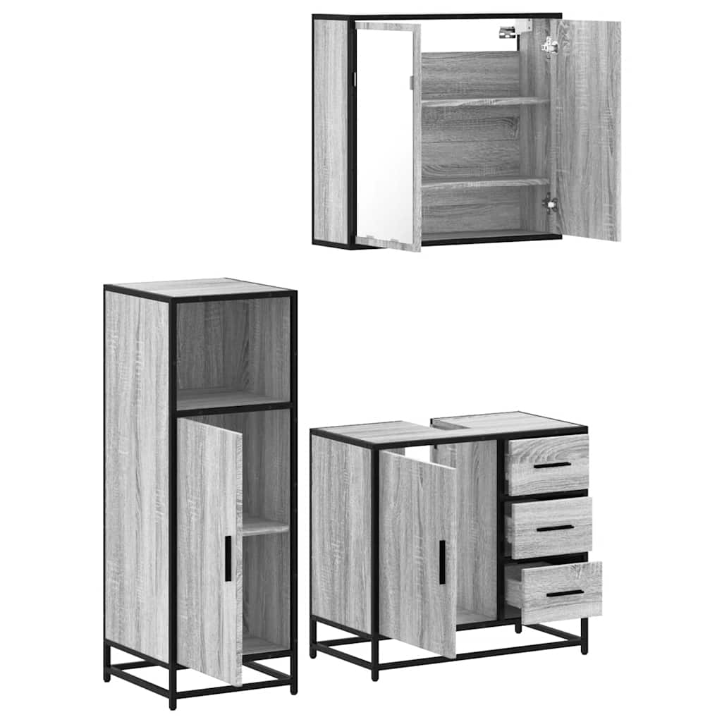 3 pcs Conjunto móveis casa de banho madeira proc. cinza sonoma