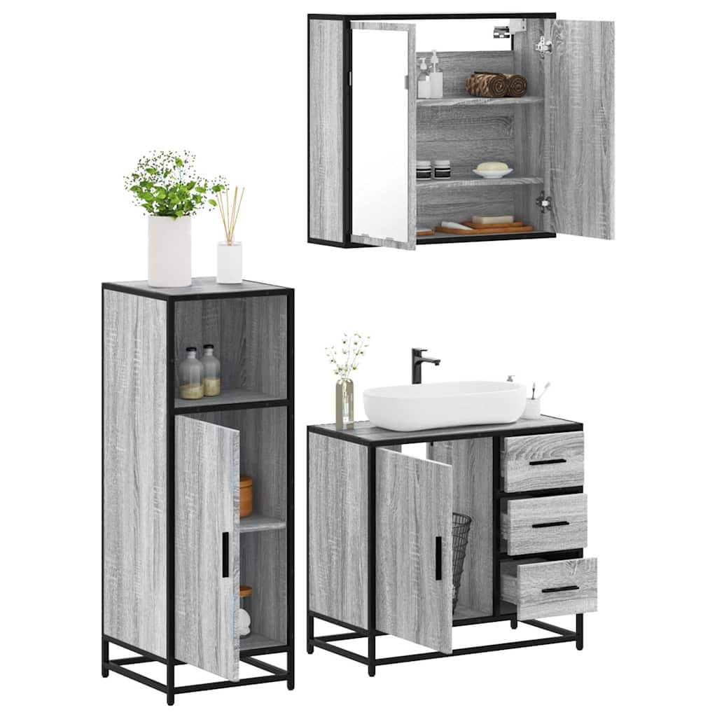 3 pcs Conjunto móveis casa de banho madeira proc. cinza sonoma