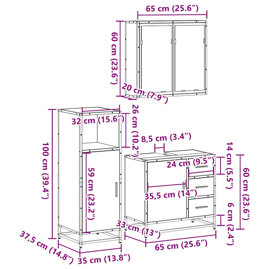 3 pcs conj. móveis WC derivados madeira cor carvalho castanho