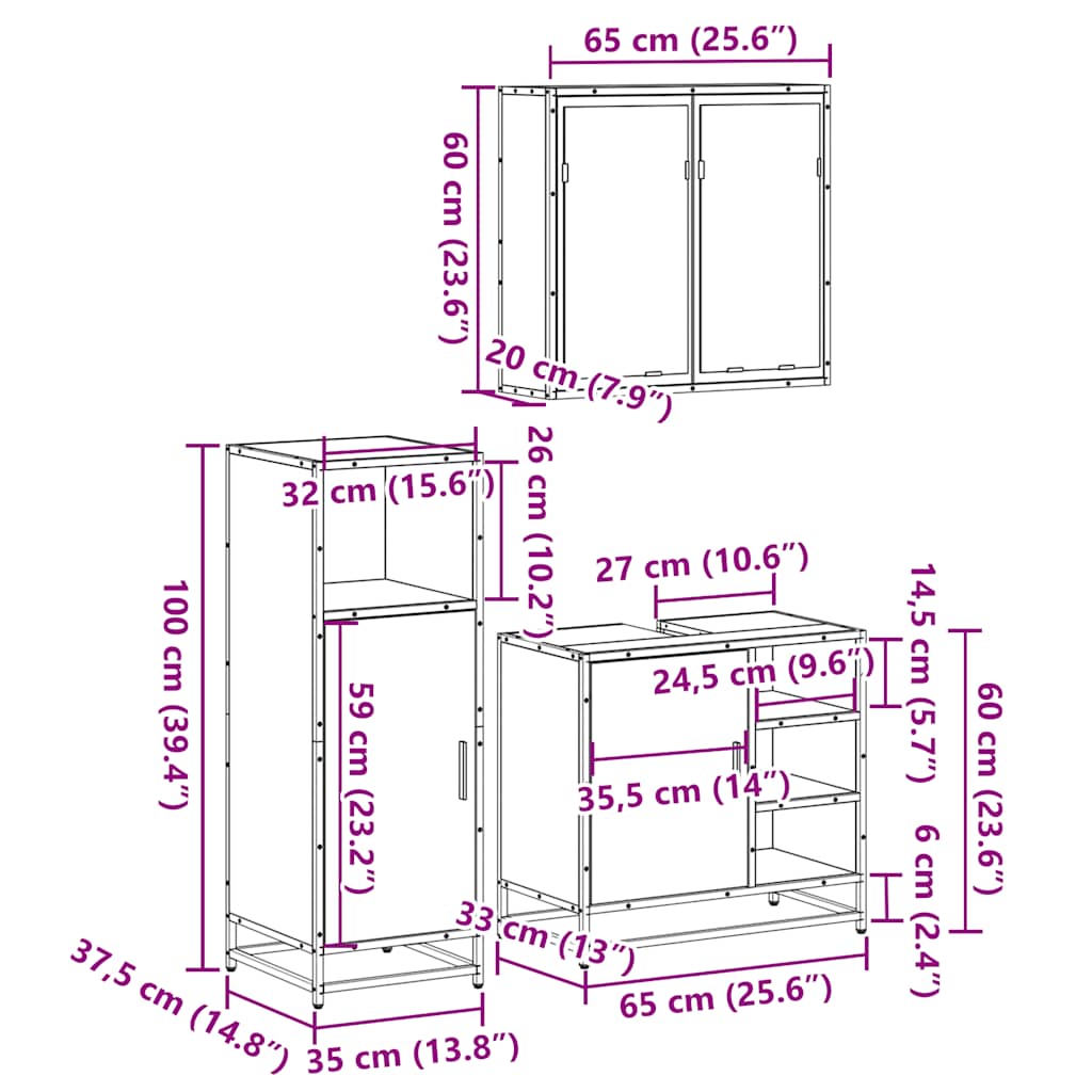 3 pcs Conjunto móveis casa de banho madeira proc. cinza sonoma