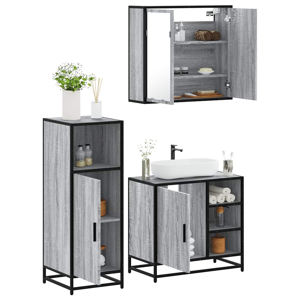 3 pcs Conjunto móveis casa de banho madeira proc. cinza sonoma