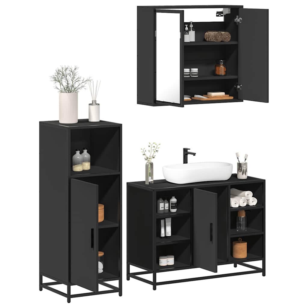 3 pcs conjunto móveis casa de banho derivados de madeira preto