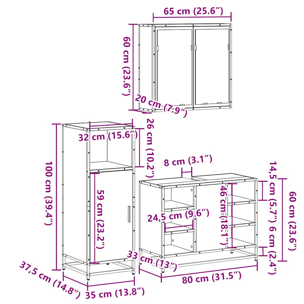3 pcs Conjunto móveis casa de banho madeira proc. cinza sonoma