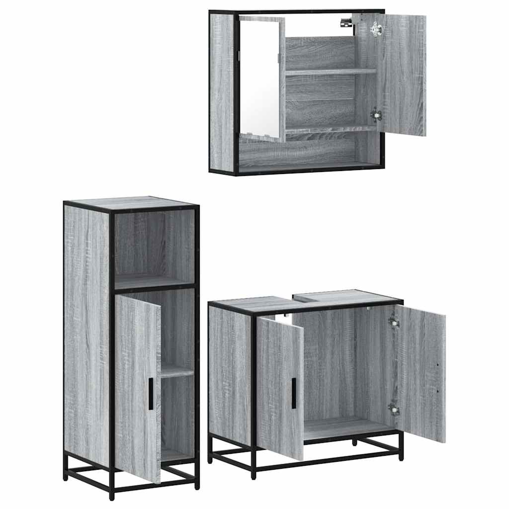 3 pcs Conjunto móveis casa de banho madeira proc. cinza sonoma