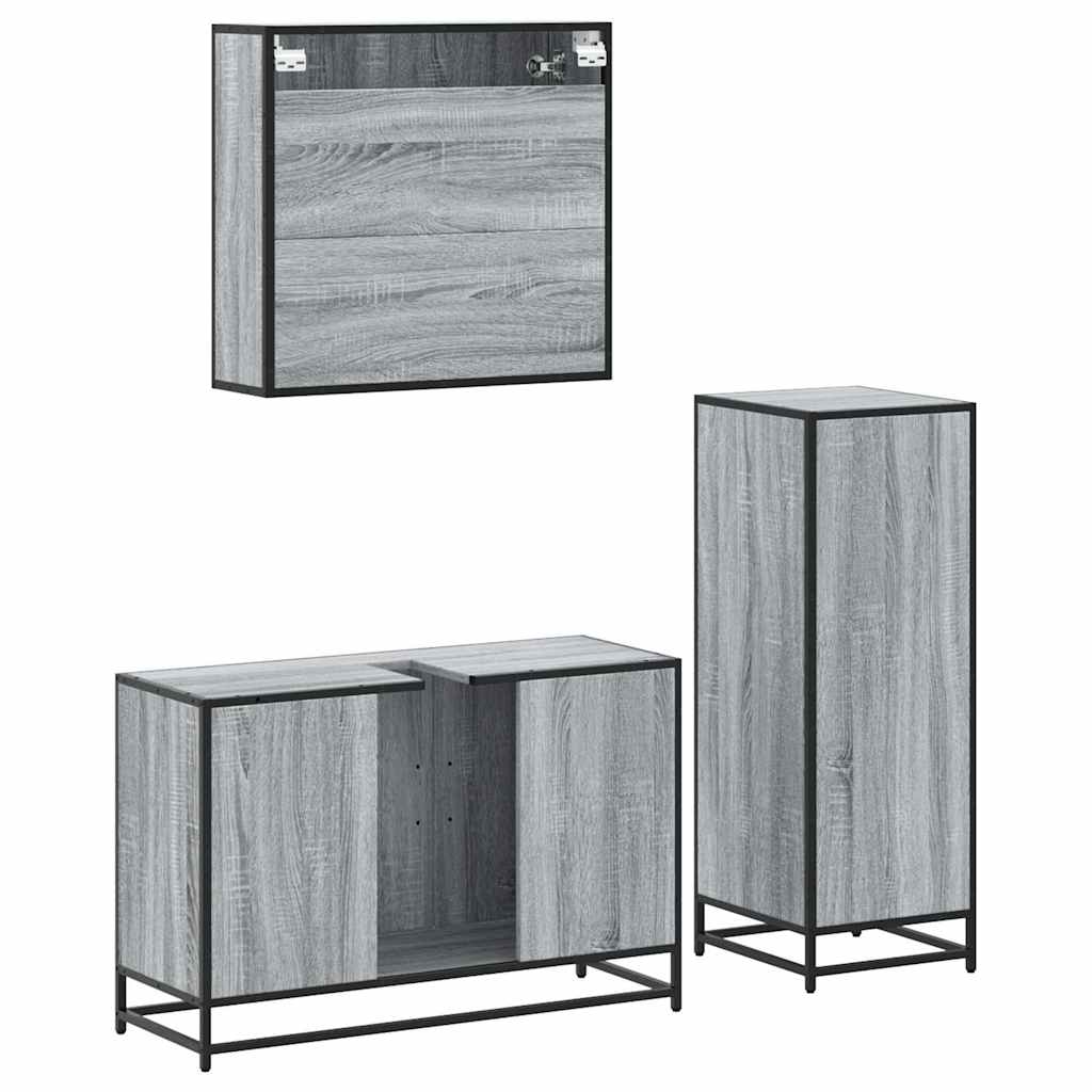 3 pcs Conjunto móveis casa de banho madeira proc. cinza sonoma