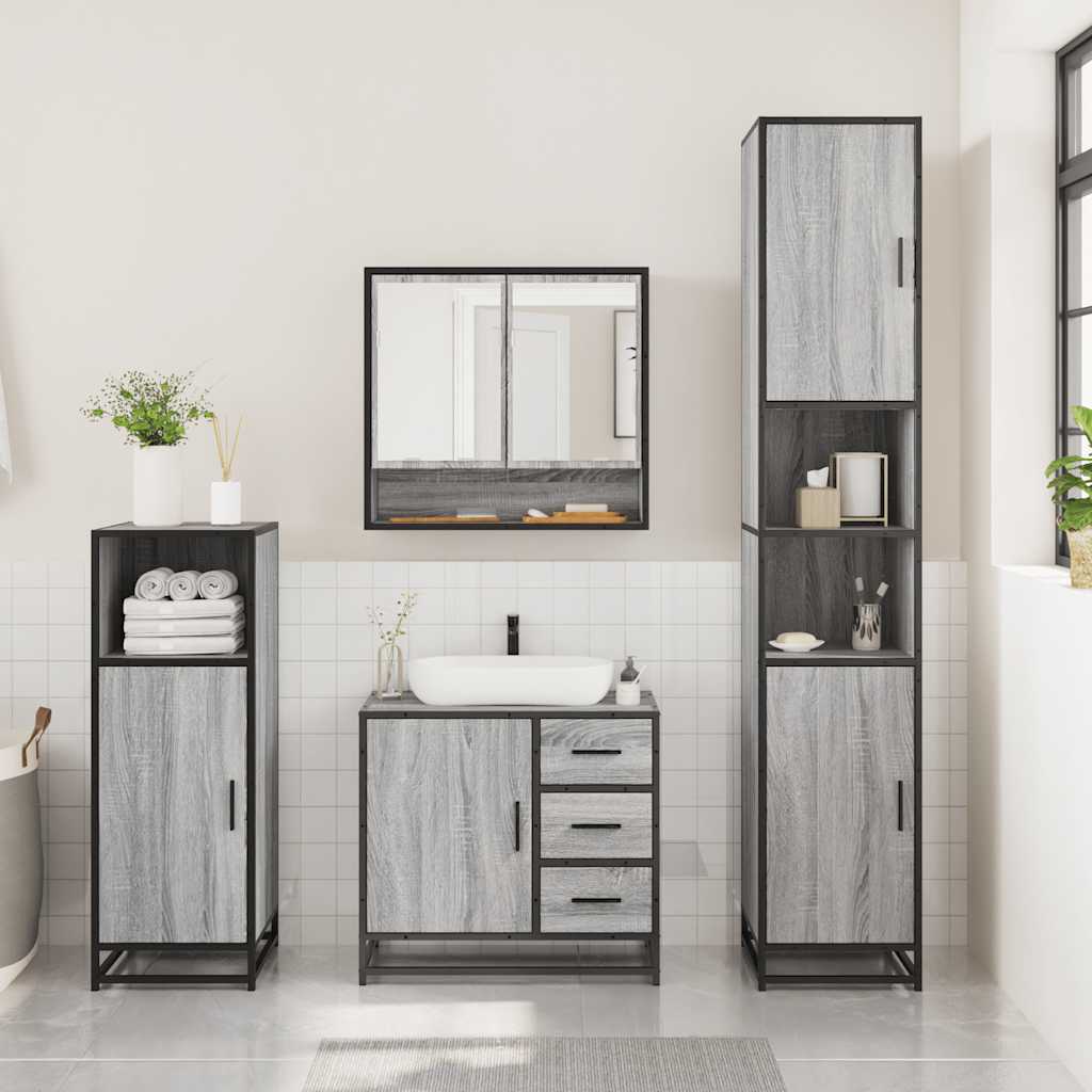 3 pcs Conjunto móveis casa de banho madeira proc. cinza sonoma