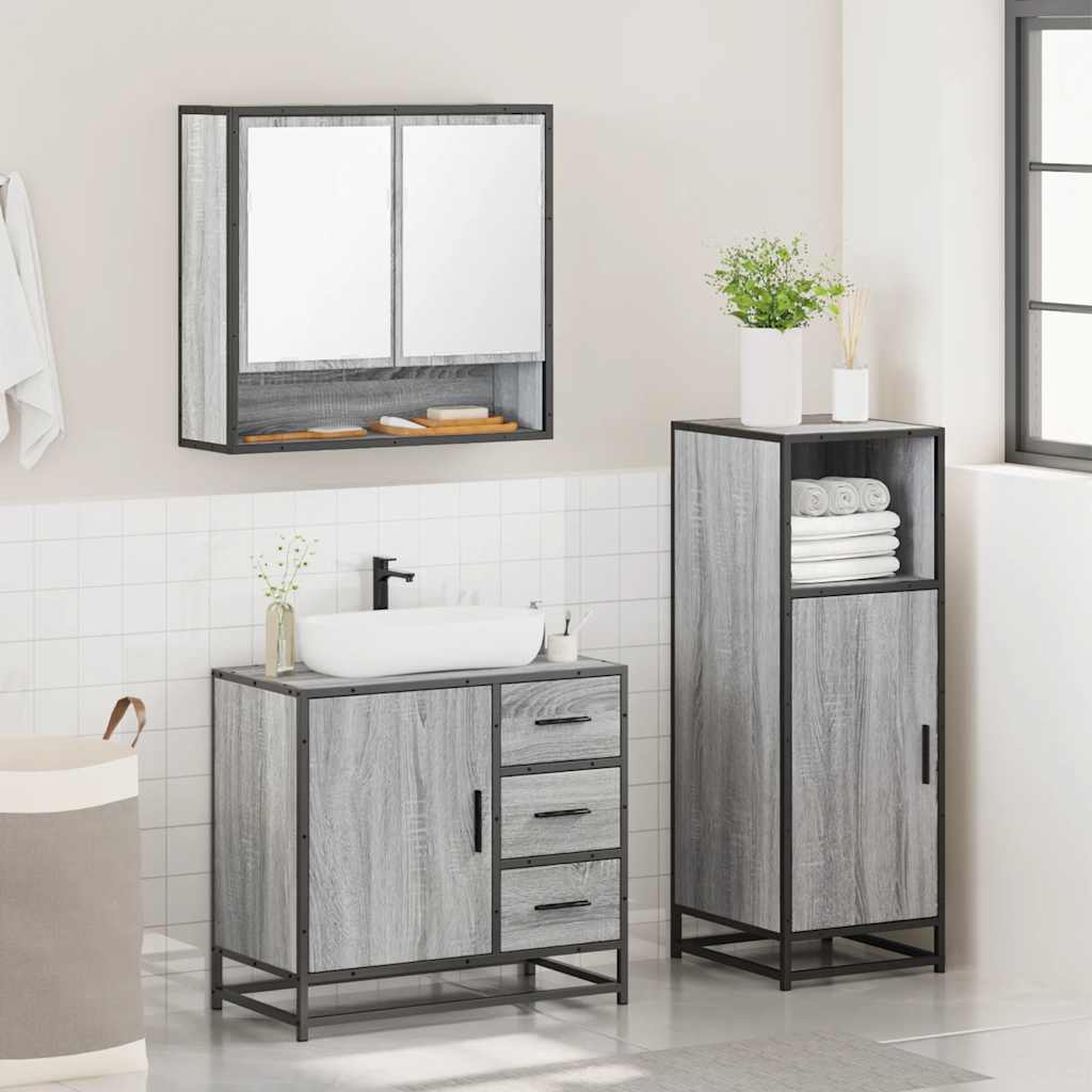 3 pcs Conjunto móveis casa de banho madeira proc. cinza sonoma