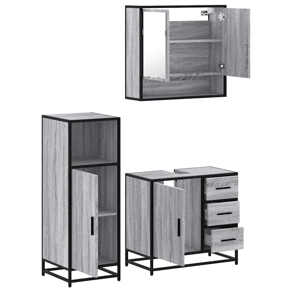 3 pcs Conjunto móveis casa de banho madeira proc. cinza sonoma