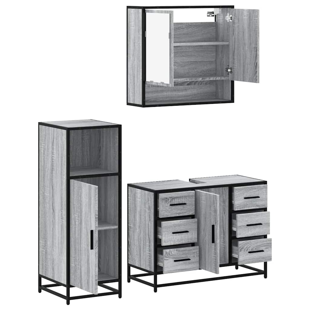3 pcs Conjunto móveis casa de banho madeira proc. cinza sonoma