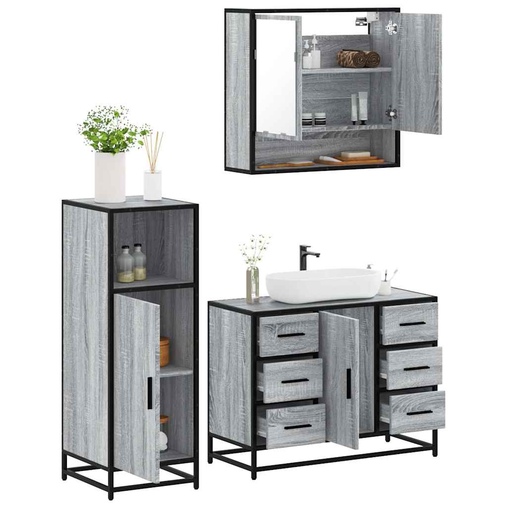 3 pcs Conjunto móveis casa de banho madeira proc. cinza sonoma