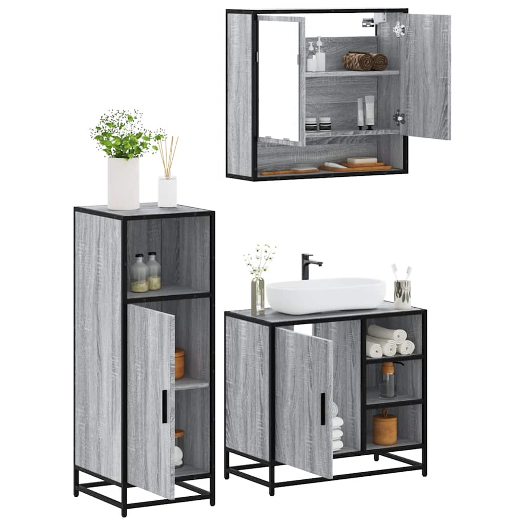 3 pcs Conjunto móveis casa de banho madeira proc. cinza sonoma