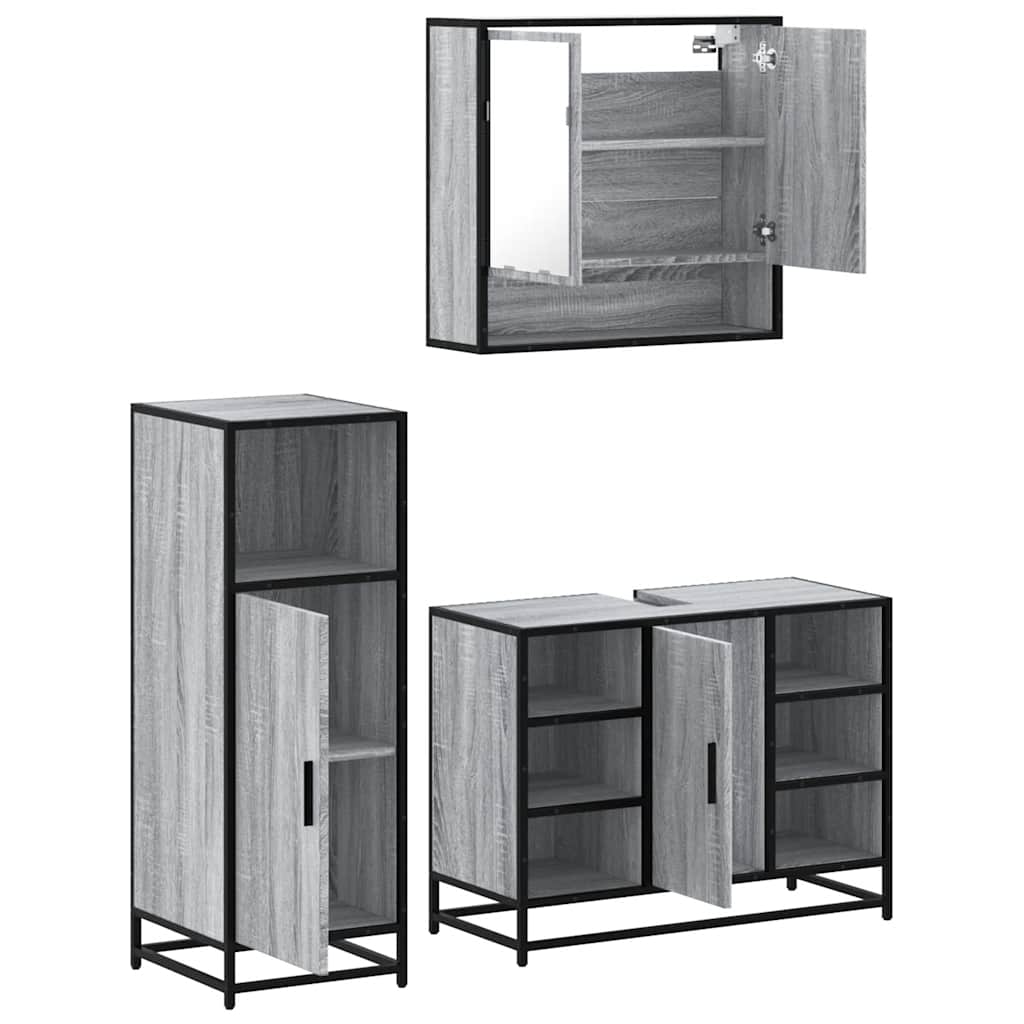 3 pcs Conjunto móveis casa de banho madeira proc. cinza sonoma