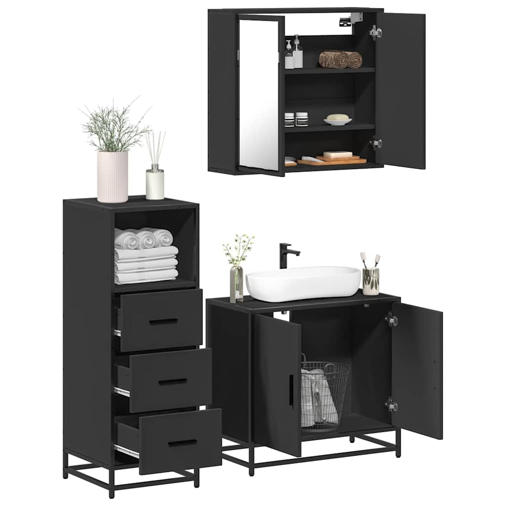 3 pcs conjunto móveis casa de banho derivados de madeira preto