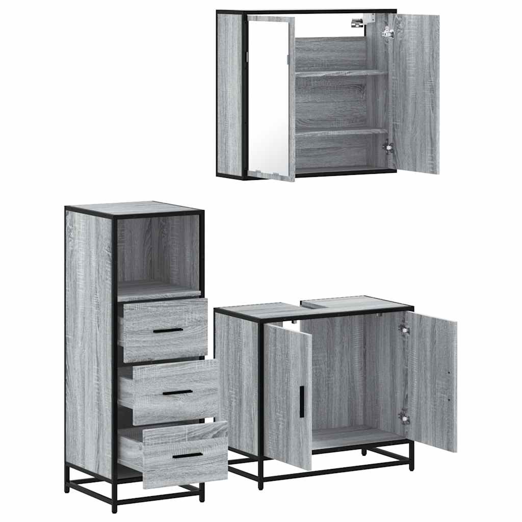 3 pcs Conjunto móveis casa de banho madeira proc. cinza sonoma